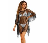 Cemssitu Womens Fringe Mesh Swimsuit Cover Up, Hollow Out Crochet Beach Poncho Pullover, Sheer Bikini Coverups (Black,one_size)