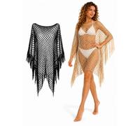 Cemssitu Womens Fringe Mesh Swimsuit Cover Up, Hollow Out Crochet Beach Poncho Pullover, Sheer Bikini Coverups (2pcs-D,one_size)