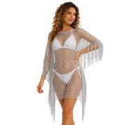 Cemssitu Womens Fringe Mesh Swimsuit Cover Up, Hollow Out Crochet Beach Poncho Pullover, Sheer Bikini Coverups (Silver,one_size)