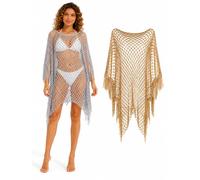 Cemssitu Womens Fringe Mesh Swimsuit Cover Up, Hollow Out Crochet Beach Poncho Pullover, Sheer Bikini Coverups (2pcs-B,one_size)