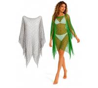 Cemssitu Womens Fringe Mesh Swimsuit Cover Up, Hollow Out Crochet Beach Poncho Pullover, Sheer Bikini Coverups (2pcs-A,one_size)