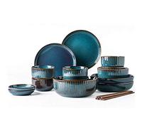 Cena de mesa Conjunto de vajillas de fina, juego de vajillas de porcelana, platos de cerámica y tazones, creatividad moderna Vintage Lounge Round Reactive Glaze Stoneware Platos para cocina/comedor,