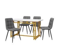 Cenbunsh Juego de mesa de comedor dorada de 120 x 70 cm con juego de 4 sillas, moderno juego de mesa de comedor de cocina, silla de comedor de lino gris oscuro, mesa de patas de hierro dorado
