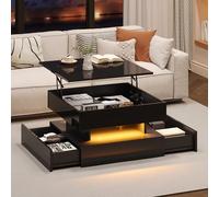 Cenbunsh Mesa de salón elevable de 65 x 65 x 38,5 cm, mesa auxiliar, mesa de centro de alto brillo, mesa de sofá con 2 cajones, mesa de café con diseño geométrico y espacio de almacenamiento oculto