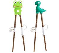 CENCERY 2 Pares de Palillos para Niños, 18cm Palillos de Entrenamiento de Madera con Guía de 3 Dedos, Sin BPA, para Principiantes y Niños de 1 a 8 Años (Rana/Dinosaurio)