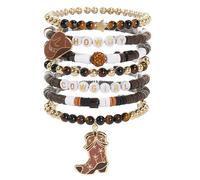 CENCERY Set de 7 pulseras apilables, pulseras Western Heishi ajustables con charms sombrero y botas de cowgirl, joyería boho de verano Y2K para mujeres, adolescentes y niñas (marrón)
