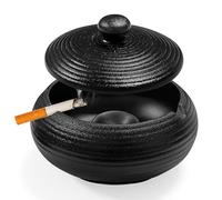Cenicero de Cerámica Negro Retro con Tapa, Resistente al Viento y al Olor, para Interior, Exterior, Jardín, Balcón y Terraza (Negro)