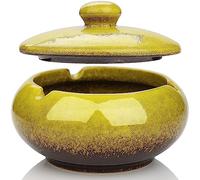 Cenicero de cerámica para exteriores con tapa, retro, resistente al viento, bandeja de cenicero para exteriores, cenicero de tormenta para el hogar, oficina, dormitorio, balcón, mesa de café, amarillo