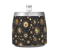 Cenicero de cigarrillos con tapa y patrón criptográfico hexagonal y Bitcoin para mesa de oficina en casa, al aire libre, cenicero decorativo para fumadores de cigarrillos