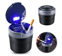 Cenicero de Coche con Luz LED Azul, Cenicero Portatil con Tapa Bandeja de ceniza de Coche a Prueba de Humo para Automóvil Oficina