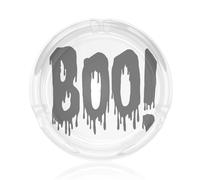 Cenicero de cristal con la palabra "Boo" en grandes letras negras que gotean, ideal para la decoración del hogar y la oficina.