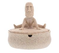Cenicero de Resina Redondo con Tapa, Diseño Piedra Yoga, Khaki