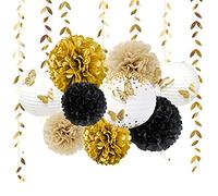 CENPEK Juego de 18 Piezas de decoración de Fiesta de Oro para Colgar Ventiladores de Papel, farolillos con Pompones de Flores con Mariposa 3D, compromisos, Fiestas temáticas de Fiestas