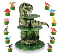 Censen Soporte para cupcakes de dinosaurio de 3 niveles, decoración de fiesta, 24 piezas de figuras de dinosaurio, juguetes para cupcakes, torre de postre para niños, temática de la selva, suministros