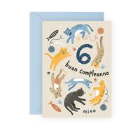 Central 23 Biglietto Auguri 6 Anni - Gatto per Bambino e Bambina - Regalo Sesto Compleanno Figlio, Nipote e Figlia - Da Mamma e Papà - Include Adesivi Di˚ti e Busta