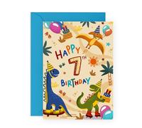 Central 23 Bonita tarjeta de 7º cumpleaños - tarjeta de felicitación de dinosaurio para niños de 7 años - Séptimo cumpleaños - regalos para hijo, nieto, hermano - Viene con pegatinas