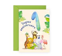 Central 23 Carte anniversaire 1 an garcon - 'JOYEUX ANNIVERSAIRE' - Cartes d'anniversaire pour enfant garcon fille - Animaux de la jungle - 1er anniversaire - Livrées avec autocollants - Par