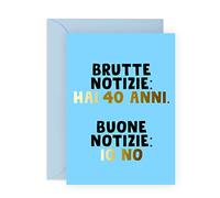 Central 23 Divertente biglietto di compleanno per uomo - 'BRUTTE NOTIZIE: HAI 40 ANNI' - Biglietto di auguri per 40° compleanno per donna - Regalo per lui lei amica - Viene fornito con adesivi - Di