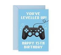 Central 23 - Divertida tarjeta de cumpleaños para niños - You've Levelled Up! - feliz quince años - 15 años - tarjeta de felicitación azul para jugadores, para adolescentes, hijo, nieto, él