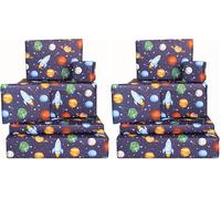 Central 23 - Lindo papel de regalo para niños - 6 hojas de papel de regalo de cumpleaños - Cohetes - Planetas en el espacio - Estrellas - Azul marino - Colorido - Reciclable (Paquete de 2)