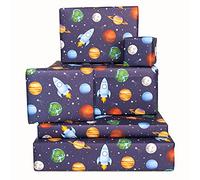 Central 23 - Lindo papel de regalo para niños - 6 hojas de papel de regalo de cumpleaños - Cohetes - Planetas en el espacio - Estrellas - Azul marino - Colorido - Reciclable