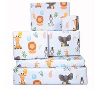 Central 23 - Lindo papel de regalo para niños - Papel de regalo de animales bebés para niños - 6 hojas de papel de regalo divertido para cumpleaños - Azul bebé - Elefante Cebra León Conejito