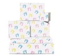 Central 23 - Papel de Regalo para Bebé Recién Nacido - 6 Hojas de Papel de Regalo con Etiquetas - Pies de Bebé - para Niña o Niño - Rosa Azul y Amarillo - Reciclable