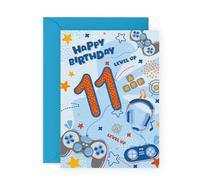 Central 23 Tarjeta de 11 cumpleaños para niño - tarjetas de cumpleaños para jugadores de 11 años - videojuegos - regalo para hijo, nieto, hermano - Viene con pegatinas