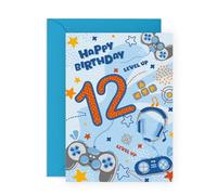 Central 23 Tarjeta de 12 cumpleaños - tarjeta de feliz cumpleaños para niños - videojuego - 12 años - regalos de juego para niños, hijo, nieto - Viene con pegatinas