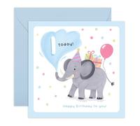 Central 23 - Tarjeta de 1er cumpleaños - Edad 1 - Bonito elefante con globos - Para niños, niñas, hijos, hijas, sobrinas, nietos, nietas, primer cumpleaños, viene con calcomanías