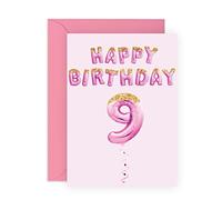 Central 23 Tarjeta de 9 cumpleaños para niñas, tarjetas de cumpleaños de 9 años, globos de fiesta rosados, tarjeta de noveno cumpleaños para hija, nieta, sobrina, viene con divertidas pegatinas