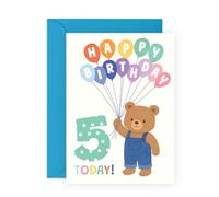 Central 23 Tarjeta de cumpleaños número 5 - Edad 5 - Oso de peluche con globos - para niños, niñas, hijo, hija, nieto, nieta, celebración del quinto cumpleaños - Viene con calcomanías