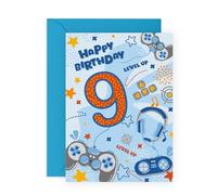Central 23 Tarjeta de cumpleaños para niños de 9 años para jugadores - feliz noveno cumpleaños - videojuegos - regalos para hijo, nieto, hermano - Viene con pegatinas