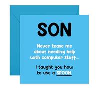 Central 23 Tarjeta de felicitación con texto en inglés "SON HELP WITH COMPUTER", perfecta para celebrar la experiencia de tu hijo conocedor de la tecnología, ideal para añadir un toque de humor y