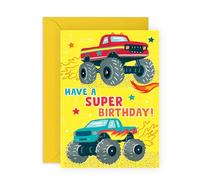 Central 23 Tarjeta de felicitación de cumpleaños con texto en inglés "SUPER MONSTER TRUCKS", perfecta para acelerar la diversión en cualquier ocasión de cumpleaños, ideal para niños, niñas y niños