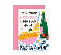 CENTRAL 23 Tarjeta de felicitación de cumpleaños de pasta y vino, divertida tarjeta de comida para ella, amante de los carbohidratos, bebedor de vino, mejor amiga, hermana, novia, esposa, compañera de