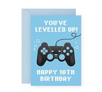 Central 23 Tarjeta de felicitación de décimo cumpleaños para niños - «You've Levelled Up!» - 10 años - Tarjeta de felicitación azul para jugadores - Para niños - Regalo para hijo, nieto