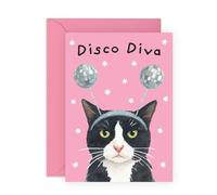 CENTRAL 23 Tarjeta de felicitación de gato con diva de discoteca, ideal para ella, hermana, mejores amigas, amantes de los gatos, reinas de fiesta, fanáticos de la discoteca, club, bebida, bonita