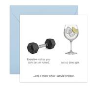CENTRAL 23 Tarjeta de felicitación para beber, ejercicio vs ginebra, divertida tarjeta de broma de fitness y alcohol para esposa, marido, cónyuge, pareja, novio, novia, bebé, querido, ella, él