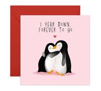 Central 23 Tarjeta de primer aniversario de boda para marido y esposa - 1 Year Down Forever To Go - Tarjeta aniversario de pingüino para novio, novia, pareja - Viene con pegatinas
