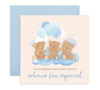 Central 23 Tarjeta de primer cumpleaños para bebé - Cumpleaños de sobrino osito - Regalos para bebés, niños y pequeños de tíos y tías - Incluye pegatinas divertidas