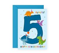 Central 23 Tarjeta de quinto cumpleaños - 5 años - Tarjeta de cumpleaños de dinosaurio para niños y niñas - Feliz cumpleaños para hijo, hija, nieto, nieta - Viene con calcomanías