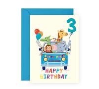 Central 23 Tarjeta de tercer cumpleaños para niños - BDAY CAR ANIMALS de 3 a 3 años - Tarjeta de felicitación de feliz tercer cumpleaños para niños - Hijo - Niño pequeño - Viene con pegatinas
