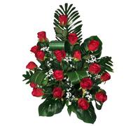 Centro con 18 Rosas Rojas. Flores Artificiales para Cementerio. También para Iglesias. Especial Día de Todos los Santos. Medidas: 80x70x45 cms. Aprox.
