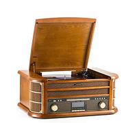 Centro de música inalámbrico - Sistema retro 9 en 1 con radio DAB/FM, tocadiscos y reproductor de casete (madera real, control remoto incluido)