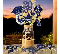 Centros de mesa de fiesta de graduación para mesas clase de 2026-60 piezas con purpurina azul marino y dorado, centros de mesa de graduación con tira de luces LED para suministros de decoración de