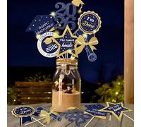 Centros de mesa de graduación para fiestas de graduación, clase de 2025, color azul marino y dorado, centros de mesa de graduación con tira de luz LED para decoración de fiestas de graduación, paquete