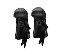 Century Star Gorros de seda satinada Durag de cola larga para hombres y mujeres, 2 piezas negro y negro, Talla única