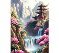 CEOVR Paisaje Diamond Painting Kits,Pintura de Diamantes Arte 30x40cm,DIY Diamond Art Kits Adulto Una Cascada y un Templo