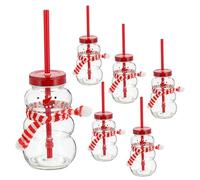 Cepewa Juego de 6 vasos de cristal, diseño de muñeco de nieve, capacidad de 260 ml, diámetro de 7 cm, cristal, metal y plástico, con tapa y pajita
